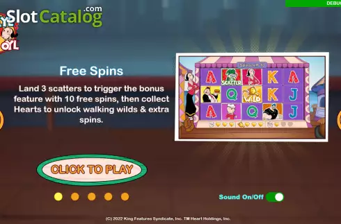 Free Spins screen. Popeye and Olive Oyl slot