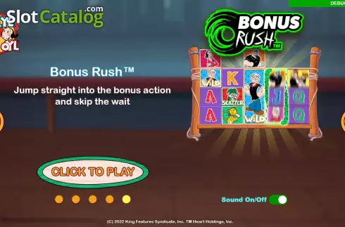 Bonus Rush screen. Popeye and Olive Oyl slot