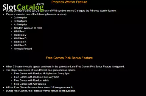 Features screen. Princess Warrior slot