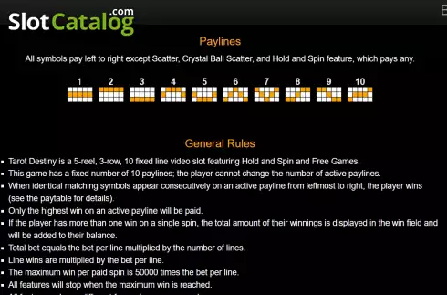 PayLines screen. Tarot Destiny slot