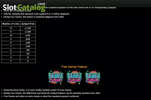 Features screen 2. Samba Jackpots slot
