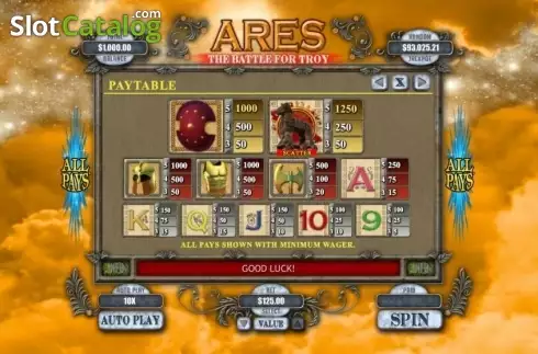 Paytable. Ares the Battle for Troy slot