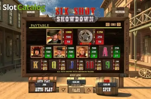 Paytable. Six Shot Showdown slot