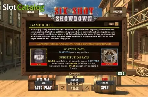 Rules. Six Shot Showdown slot