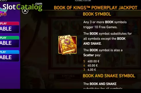 Game Features screen. Book of Kings: Power Play slot