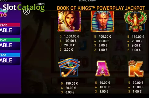 PayTable screen. Book of Kings: Power Play slot