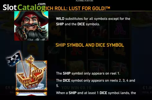 Game Features screen. Rich Roll: Lust For Gold! slot