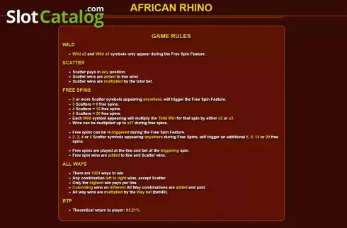 Features screen. African Rhino slot