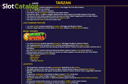 Features screen. Tarzan (Ready Play Gaming) slot