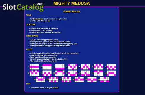 Features and paylines screen. Mighty Medusa (Ready Play Gaming) slot