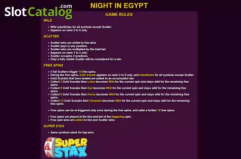 Features screen. Night in Egypt slot