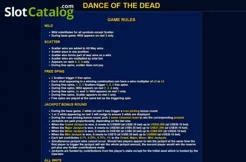 Features screen. Dance of the Dead slot