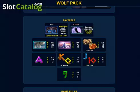 Paytable screen. Wolf Pack (Ready Play Gaming) slot