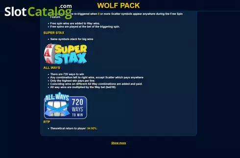 Ways to Win screen. Wolf Pack (Ready Play Gaming) slot