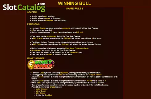 Features screen. Winning Bull slot