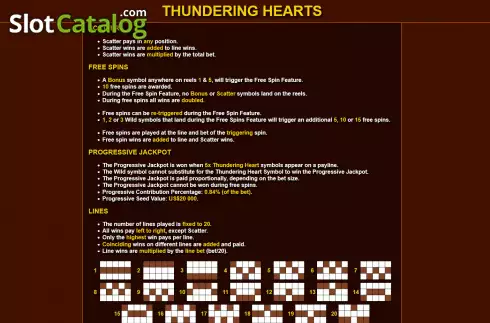 Features and paylines screen. Thundering Hearts slot
