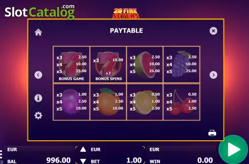 PayTable screen. 20 Fire Sevens slot