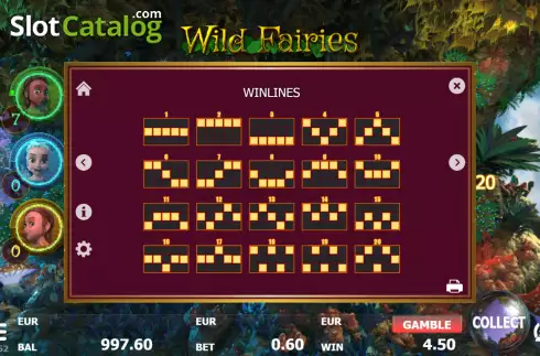 Paylines screen. Wild Fairies (Red Panda) slot