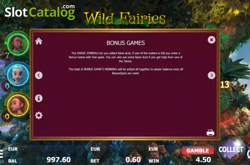 Bonus Games screen. Wild Fairies (Red Panda) slot