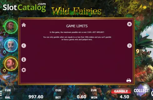 Game limits screen. Wild Fairies (Red Panda) slot