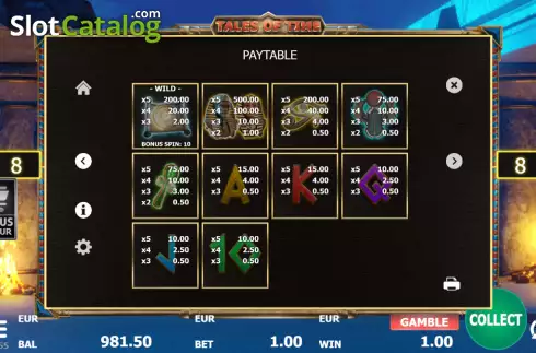 Paytable screen. Tales of Time Egypt slot