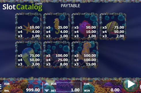 PayTable screen. Reef PartyRed Panda slot