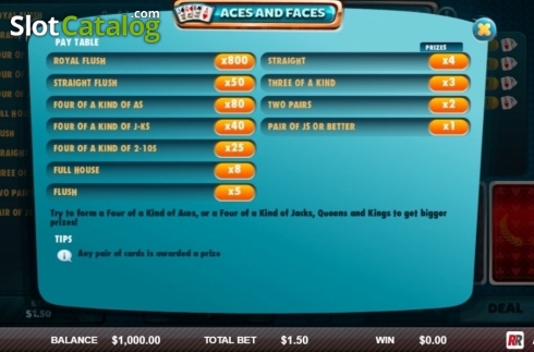 Paytable. Aces & Faces (Red Rake) slot