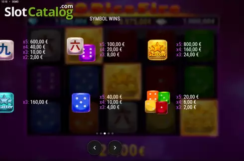 Paytable screen. 40 Dice Fire slot