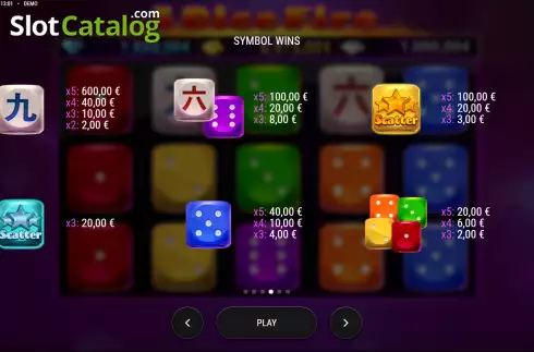 Paytable screen. 5 Dice Fire slot