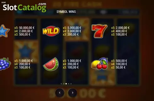 Paytable screen. 20 Fire Cash slot
