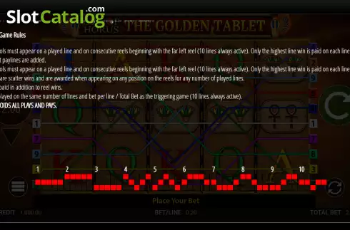 Paylines screen. Eye of Horus: The Golden Tablet slot
