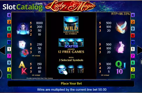 Paytable screen. Lady of Magic slot