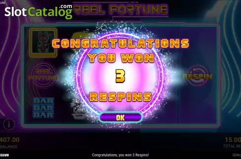 Win Respins screen. Reel Fortune slot