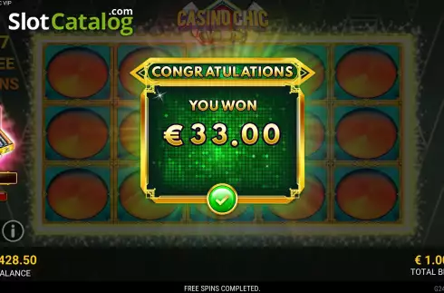 Win Free Spins screen. Casino Chic VIP slot