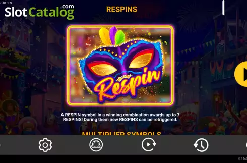 Respin feature screen. Mardi Gras Reels slot