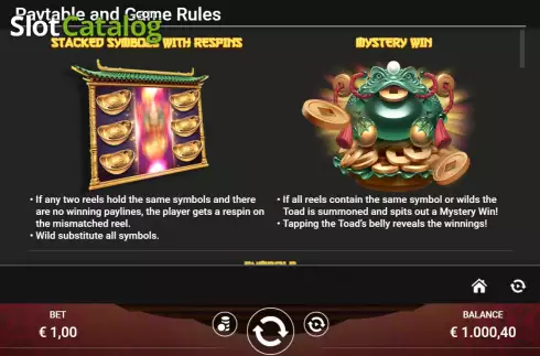 Game Features screen. Lucky Toad (Reloaded Gaming) slot