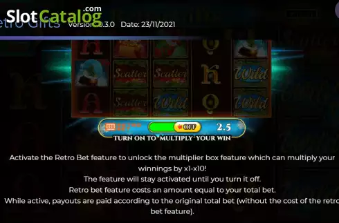 Retro Bet Features Screen. Retro Gifts slot