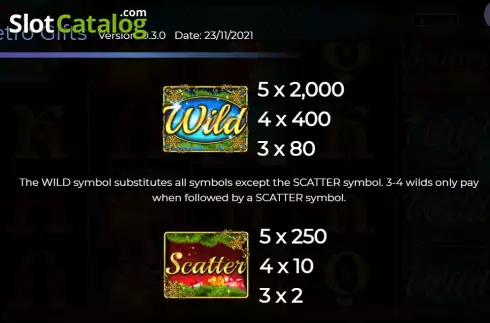 Wild and Scatter Symbols Screen. Retro Gifts slot