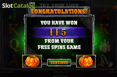 Win Free Spins screen. Book of Pumpkin (Retro Gaming) slot