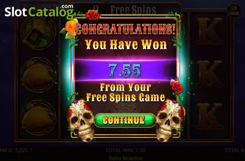 Win Free Spins screen. Retro Muertos slot
