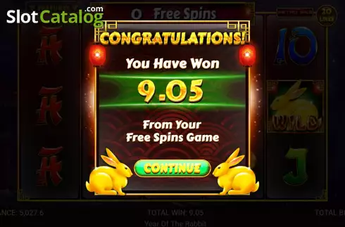Win Free Spins screen. Year of the Rabbit (Retro Gaming) slot