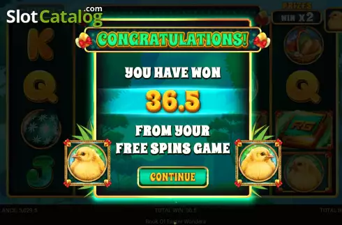Win Free Spins screen. Book of Easter Wonders slot