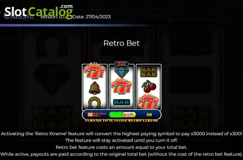 Retro Bet feature screen. 777 Classic slot