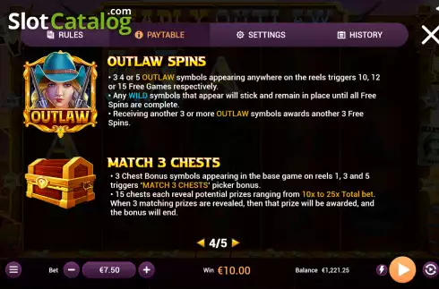 Features screen. Deadly Outlaw slot