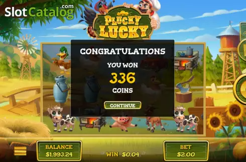 Win Free Spins screen. Plucky Lucky slot