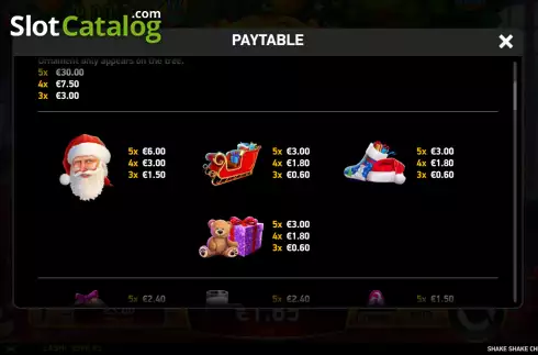 Paytable screen. Shake Shake Christmas slot