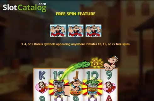 Free Spin feature screen. Popeye (Royal Slot Gaming) slot
