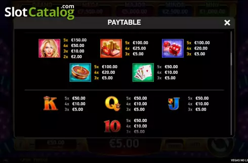 Paytable screen. Vegas No Limit Wins slot