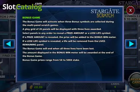 Bonus game rules screen. Stargate Scratch slot