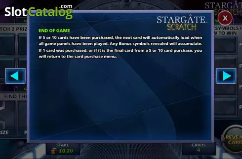 End of the game screen. Stargate Scratch slot